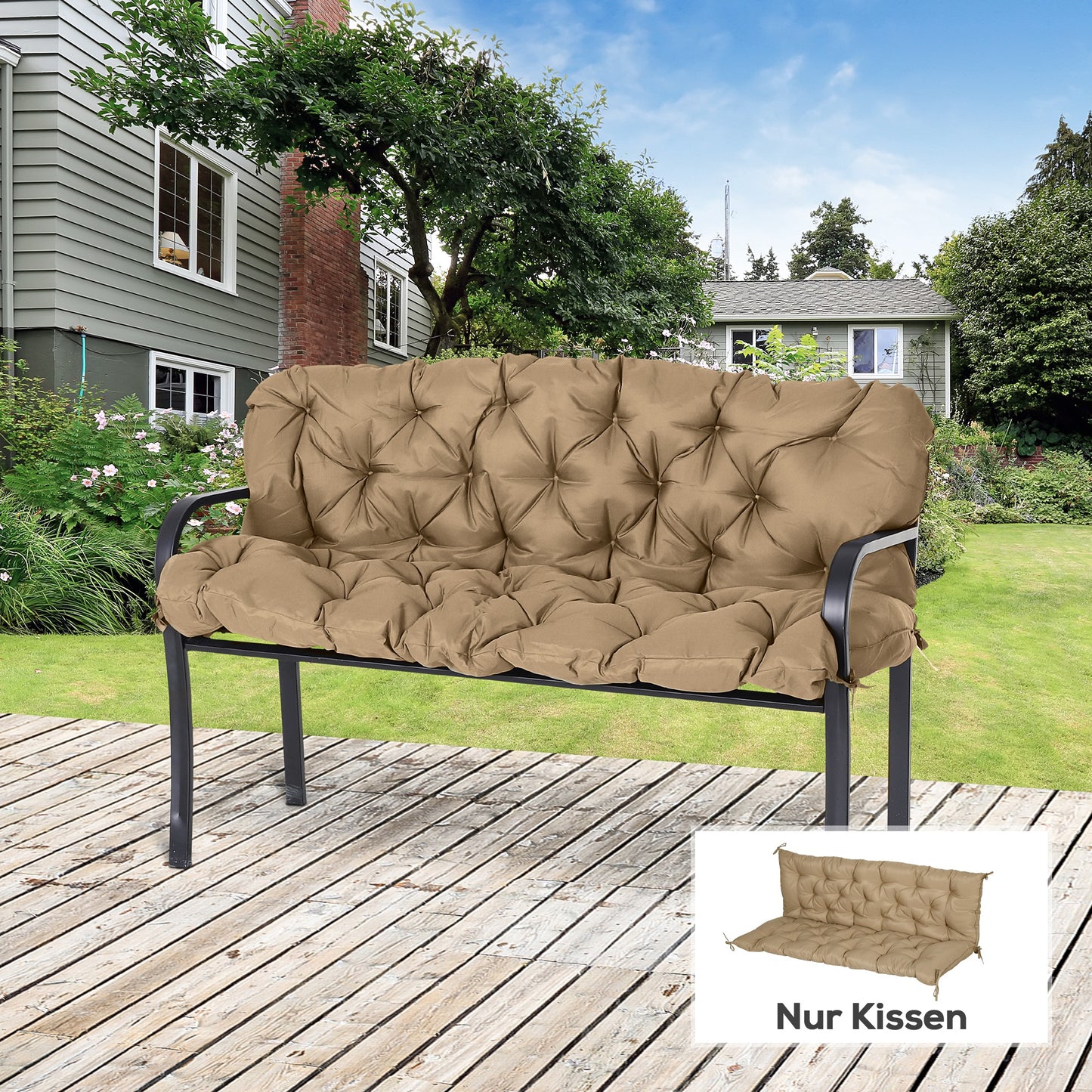 Outsunny 3-zits bankkussen, 150x98x8 cm, bankkussen met banden, bankkussen voor tuinmeubelen, Hollywood schommel, khaki