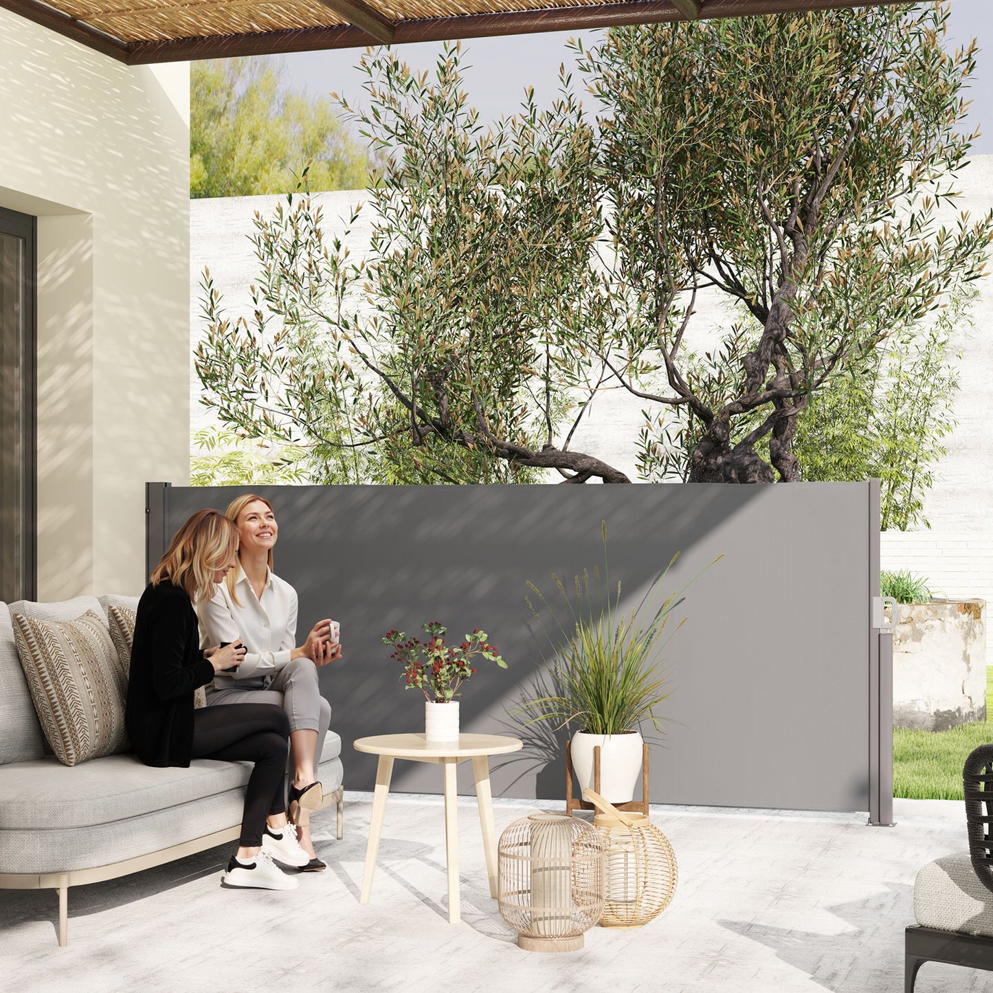 Outsunny Uitschuifbare Zijluifel, Ondoorzichtig, Privacyscherm met Muurbevestiging, Gecoat, 300x140cm, Donkergrijs