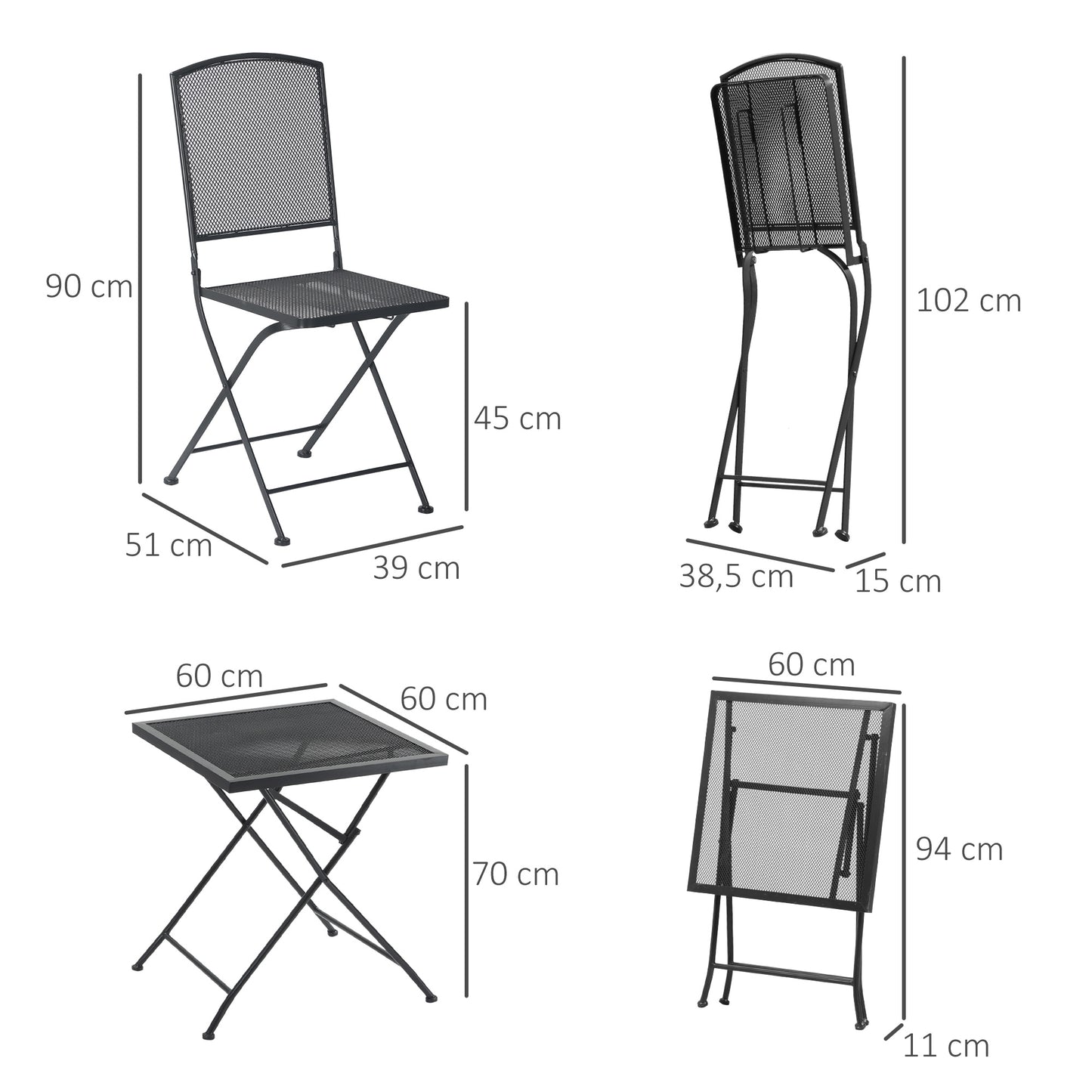 Outsunny Tuinzitset voor 2 personen Bistroset 1 tafel + 2 klapstoelen voor terras balkon metaalgrijs