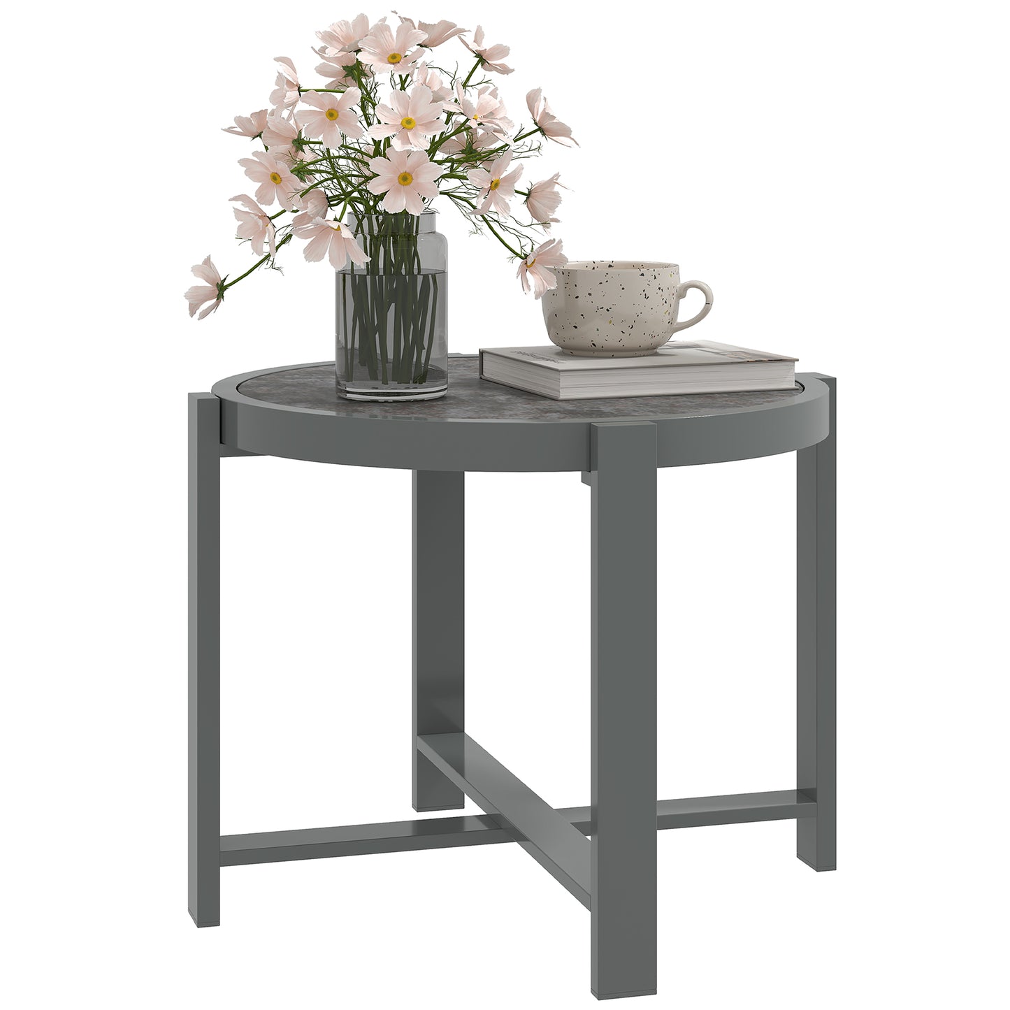 Outsunny Bijzettafel Tuintafel Rond Weerbestendig Aluminium Balkontafel met Marmerlook Grijs