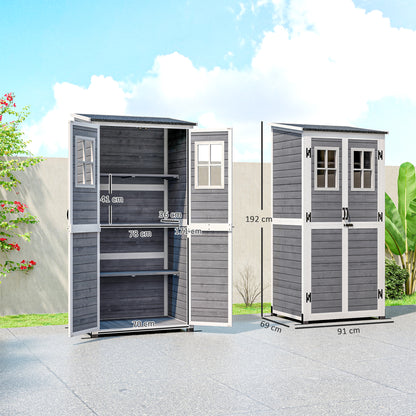 Outsunny tuinberging, gereedschapsschuur met 2 ramen, grondpennen, asfalt dak, 91 x 69 x 192 cm, dennenhout, lichtgrijs