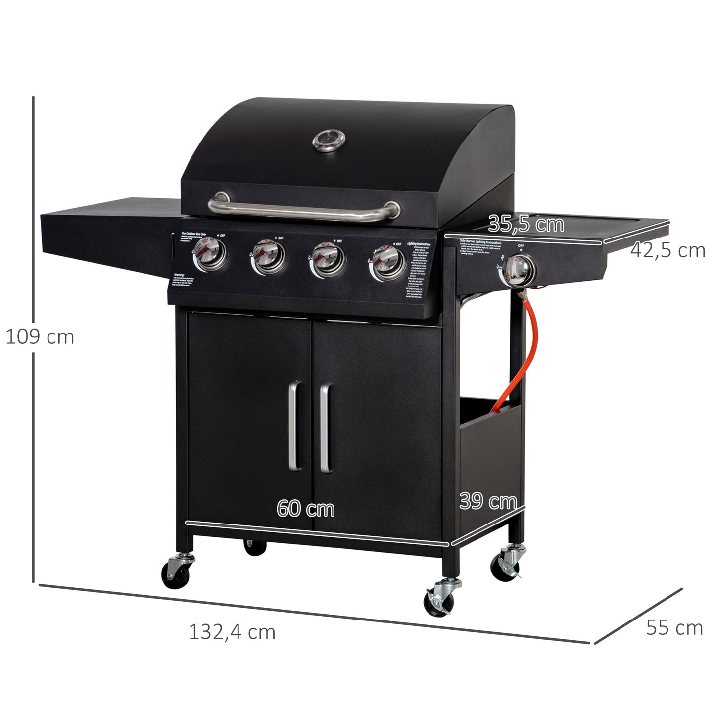 Outsunny gasbarbecue met 3 branders, 3 kW per stuk, mobiele grillwagen met 4 wielen, grillrooster, zijtafels, drukregelaar, slangen, kast, multifunctioneel, metaal, zwart, 132,4 cm x 55 cm x 109 cm
