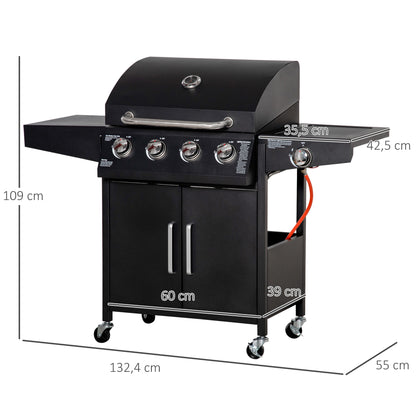 Outsunny gasbarbecue met 3 branders, 3 kW per stuk, mobiele grillwagen met 4 wielen, grillrooster, zijtafels, drukregelaar, slangen, kast, multifunctioneel, metaal, zwart, 132,4 cm x 55 cm x 109 cm