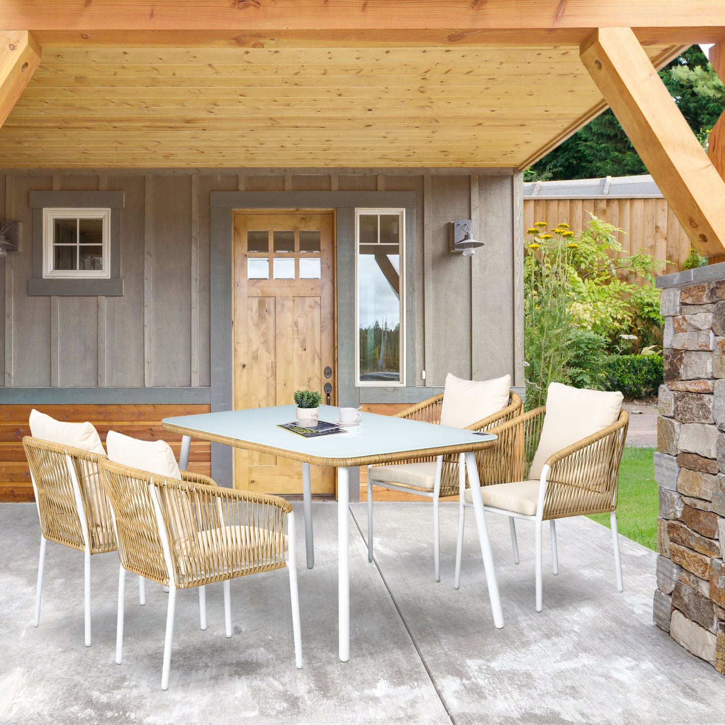 Outsunny tuinmeubelset, 5-delig, rotanlook, zit- en rugkussens, roestvrij aluminium frame, geel/wit/beige