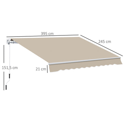 Outsunny zonnescherm, zonnekap, uitschuifbaar, met handzwengel, metalen frame, polyester, wit+beige, 3,95 x 2,45 m