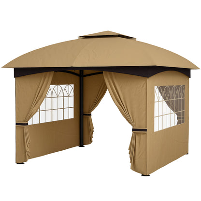 Outsunny 3,4 x 3,4 m tuinpaviljoen, biertent met geventileerd dak, boogramen, stalen frame, beige