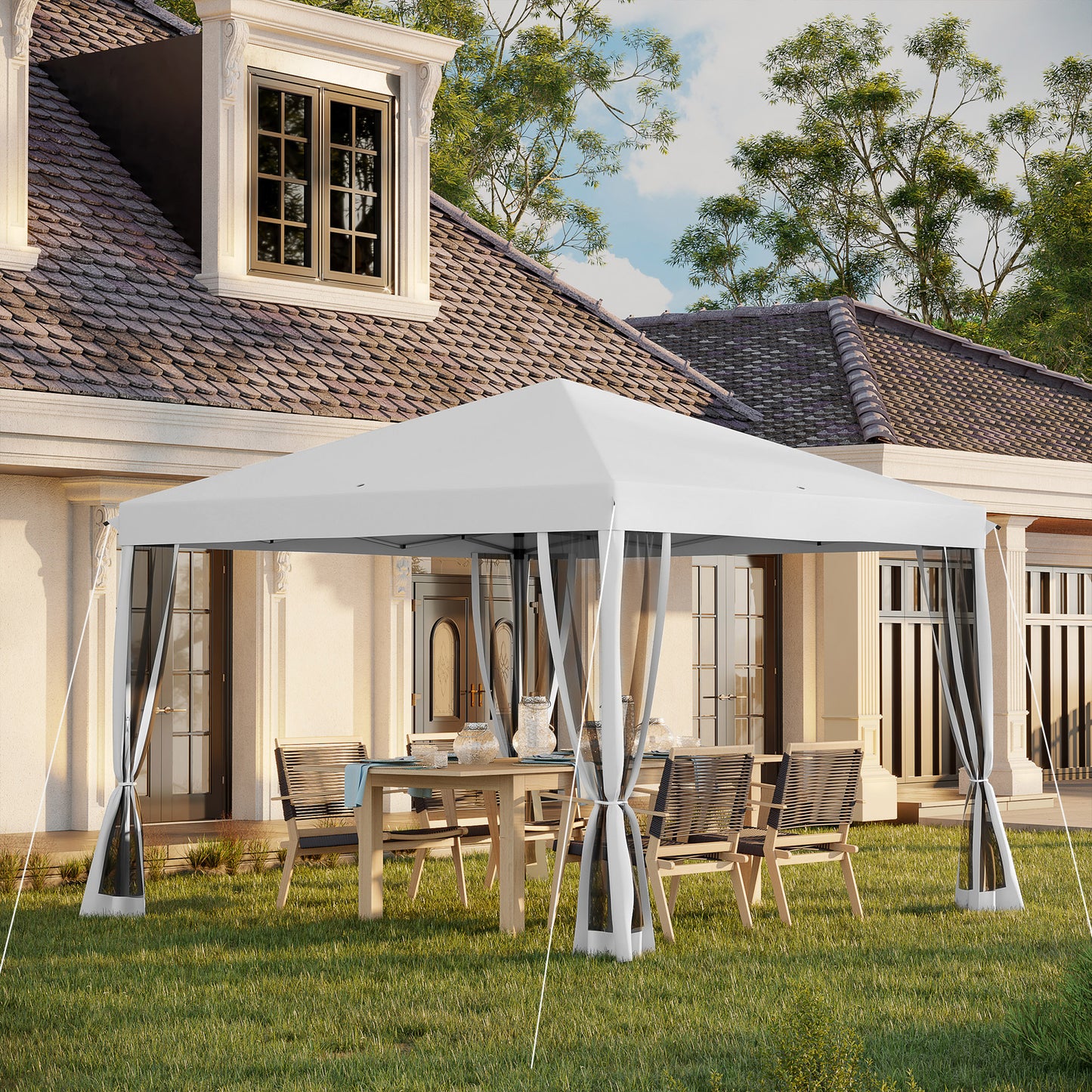 Outsunny Opvouwbare Paviljoen, Opvouwbare Tent met Zijwanden inclusief Draagtas, Tuinpaviljoen, Metaal, Oxford Stof, 3 x 3 m, Crème Wit