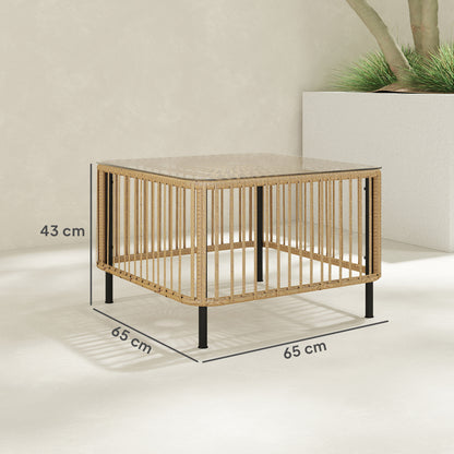 Outsunny polyrotan tuintafel, 65 x 65 x 43 cm, weerbestendige bijzettafel, vierkant met glazen blad, natuurlijk hout