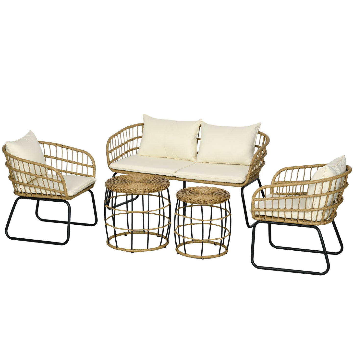 Outsunny rotan loungeset, tuinset, boho-stijl, 5-delige set, 145 x 70 x 78 cm, crème + naturel + zwart