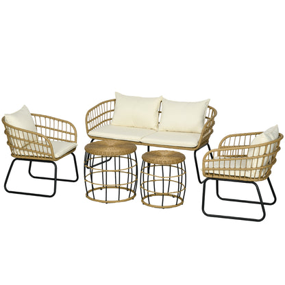 Outsunny rotan loungeset, tuinset, boho-stijl, 5-delige set, 145 x 70 x 78 cm, crème + naturel + zwart