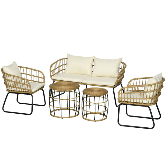 Outsunny rotan loungeset, tuinset, boho-stijl, 5-delige set, 145 x 70 x 78 cm, crème + naturel + zwart