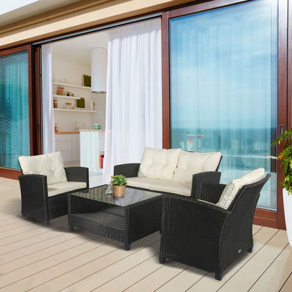 Outsunny tuinmeubelset. 4-delig, 2 fauteuils, 1 bank, 1 salontafel, afneembare kussens, PE rotan, zwart