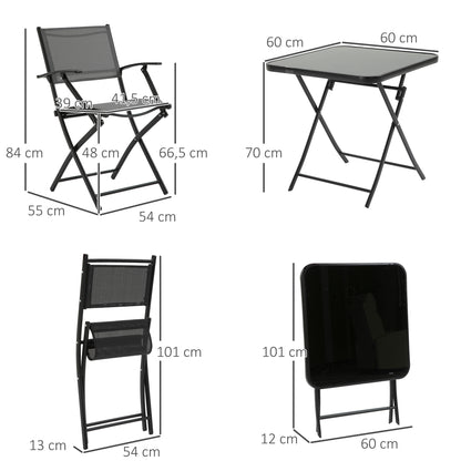 Outsunny Opvouwbare balkonzitset voor 2 personen, 1 tafel + 2 stoelen, tuinmeubelset, metalen gaas, zwart + grijs