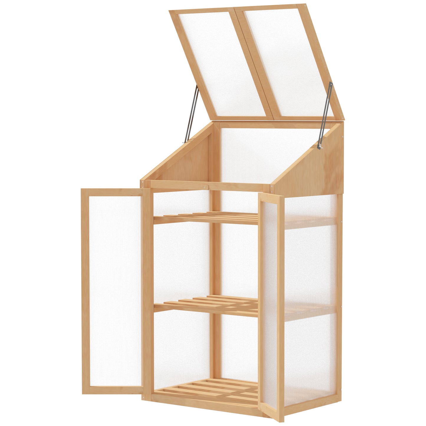 Outsunny Mini Greenhouse, kleine kas met houten frame, raam en dubbele deur, 3 planken, 70L x 50B x ??120H cm, Bruin