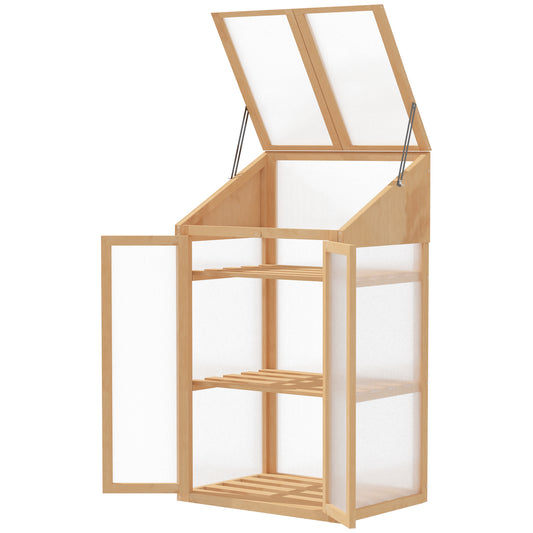 Outsunny Mini Greenhouse, kleine kas met houten frame, raam en dubbele deur, 3 planken, 70L x 50B x ??120H cm, Bruin