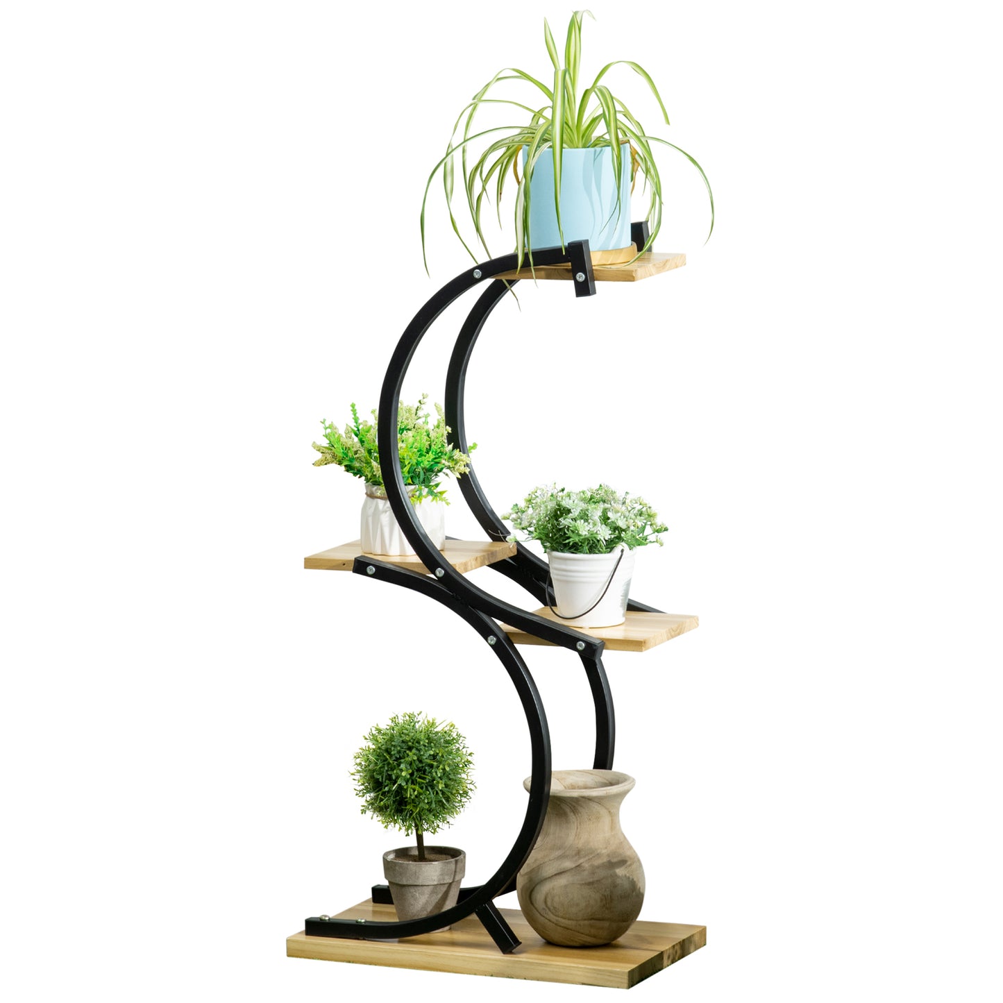 Outsunny plantenstandaard met 4 planken, massief hout, weerbestendig, 46 cm x 25 cm x 91 cm, zwart + naturel