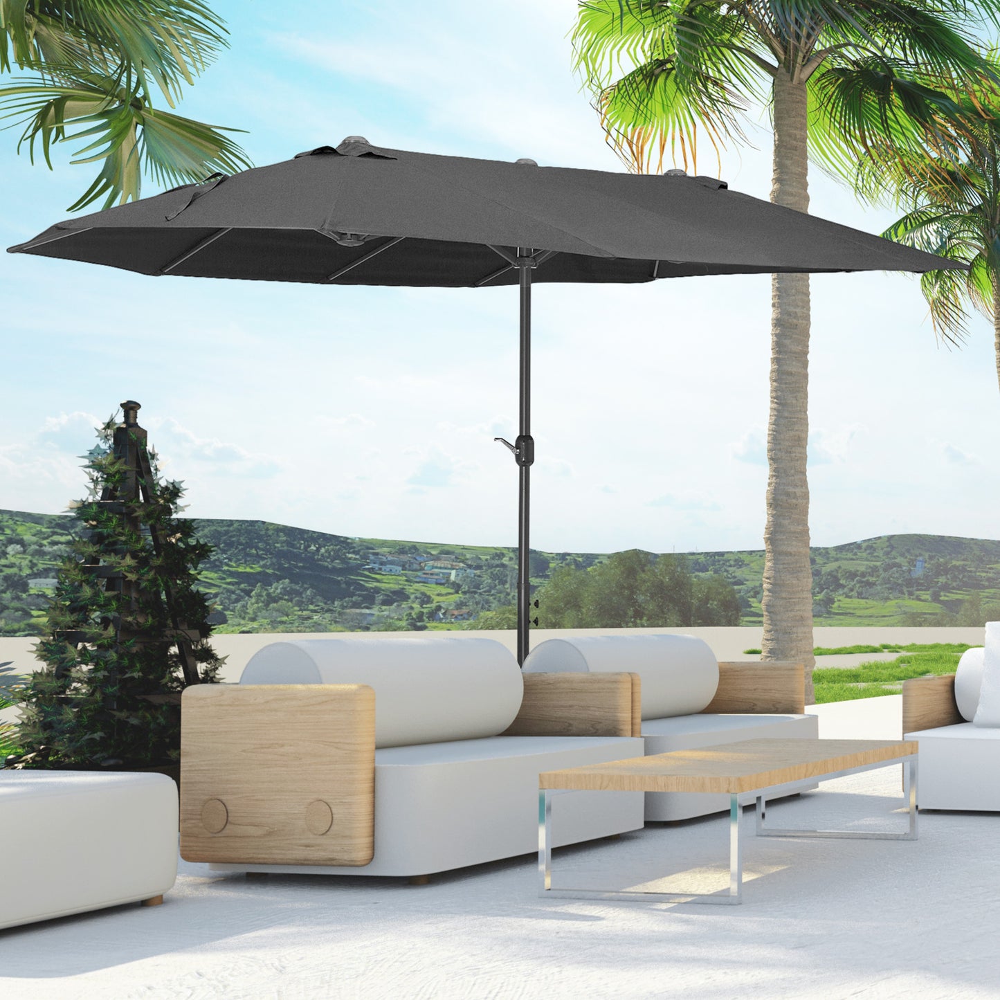 Outsunny Dubbele Parasol 455 x 270 cm Tuinparasol met Handzwengel, Ovaal, Stevig, Metalen Paal, Marktparasol, Dubbele Parasol, Terrasparasol, Zonwering voor Strand, Balkon, Terras, Tuin, Zwart