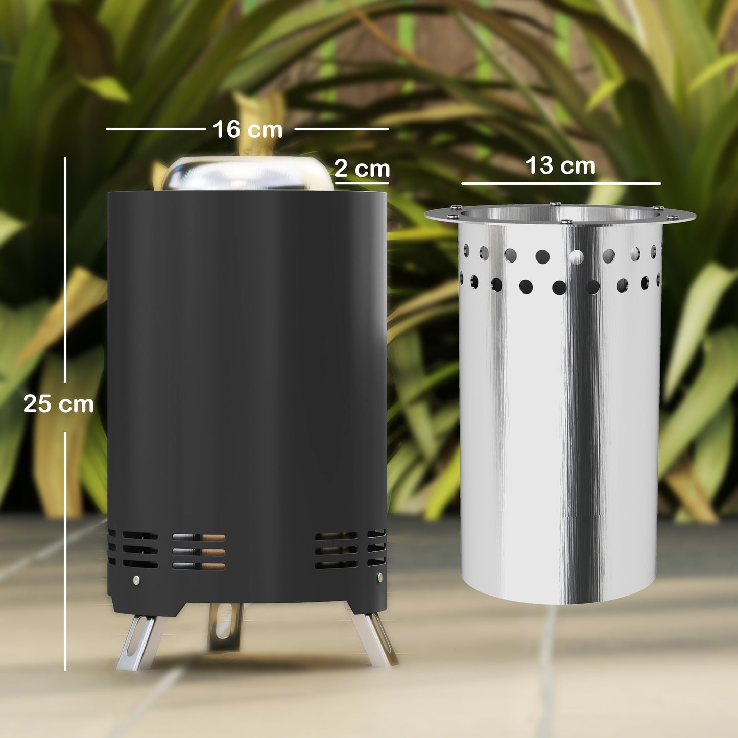 Outsunny RVS Vuurschaal Ø16x25cm Vuurkorf met Pook Rookloze Vuurschalen Grijs