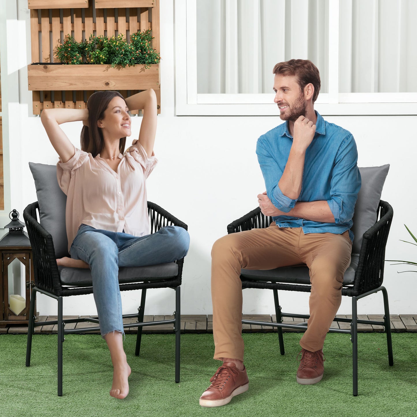 Outsunny tuinstoelen, set van 2, boho-design, zit- en rugkussens, comfortabele zitschaal, metalen frame, zwart