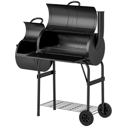 Outsunny Steel Charcoal Grill BBQ Smoker met deksel, thermometer, wielen, luchtinlaat, houtskoollade
