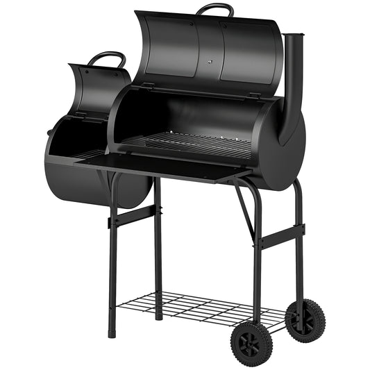 Outsunny Steel Charcoal Grill BBQ Smoker met deksel, thermometer, wielen, luchtinlaat, houtskoollade