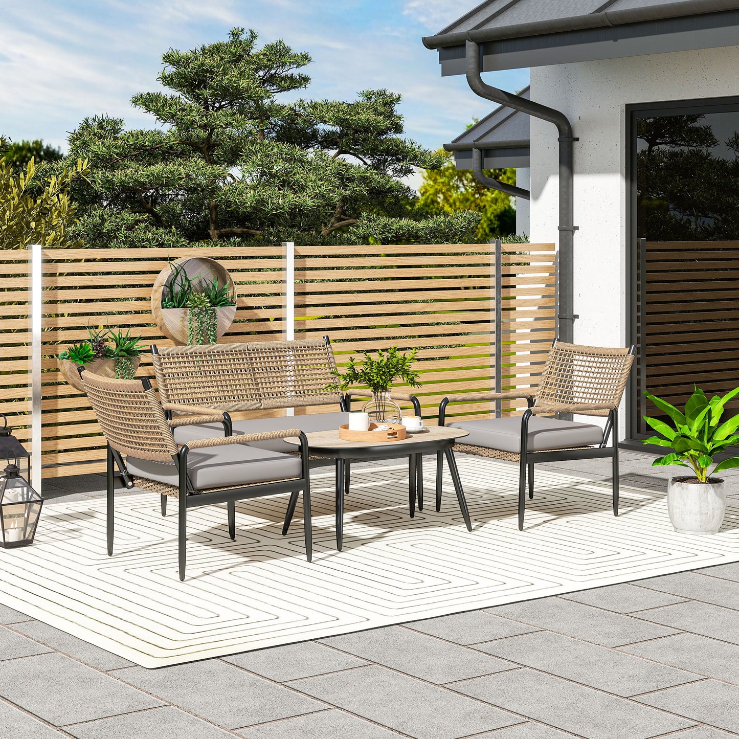 Outsunny tuinmeubelset van polyrotan loungeset met 2-zitsbank, fauteuil, glazen tafel, kussens voor 4 personen, donkergrijs + geel