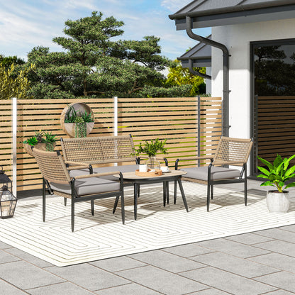 Outsunny tuinmeubelset van polyrotan loungeset met 2-zitsbank, fauteuil, glazen tafel, kussens voor 4 personen, donkergrijs + geel