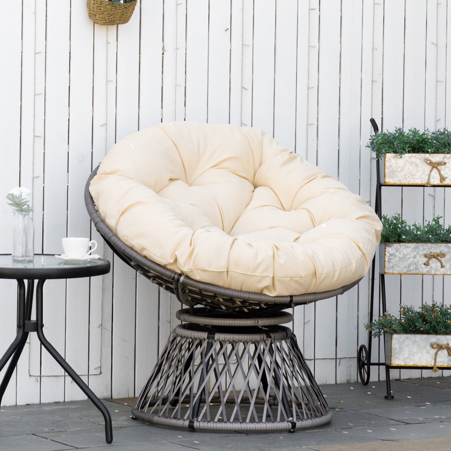 Outsunny Papasan fauteuil, rieten fauteuil, zitkussen, synthetisch rotan, draaibaar, metalen frame, 87 x 97 x 90 cm, beige