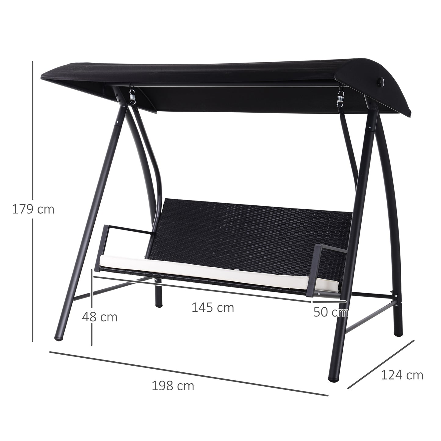 Outsunny 3-zits polyrotan tuinschommel met verstelbare zonnekap, zonnescherm, zitkussen, hangbank, draagvermogen tot 360 kg, tuinschommel, 198x124x179cm, zwart