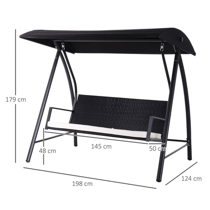 Outsunny 3-zits polyrotan tuinschommel met verstelbare zonnekap, zonnescherm, zitkussen, hangbank, draagvermogen tot 360 kg, tuinschommel, 198x124x179cm, zwart