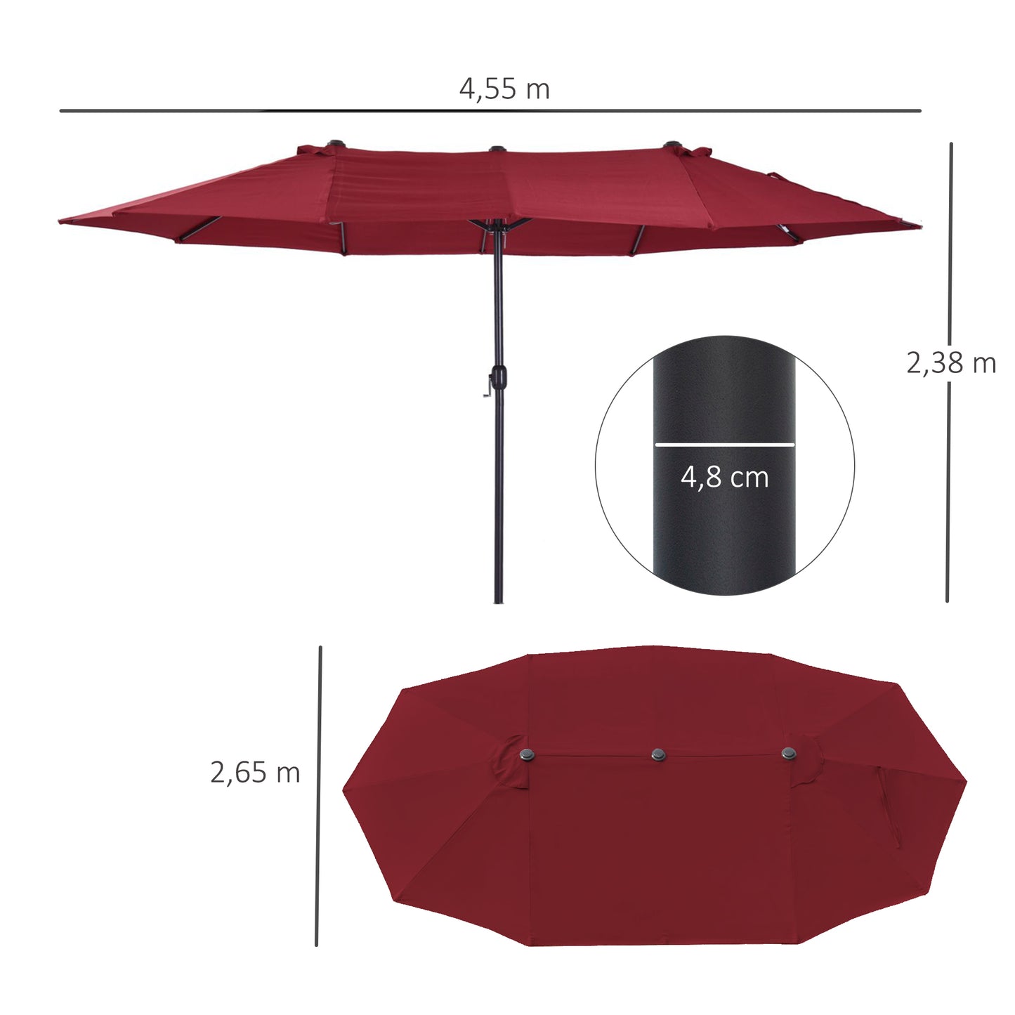 Outsunny Dubbele Parasol 455 x 270 cm Tuinparasol met Handzwengel, Ovaal, Stevig, Metalen Paal, Marktparasol, Dubbele Parasol, Terrasparasol, Zonwering voor Strand, Balkon, Terras, Tuin, Wijnrood