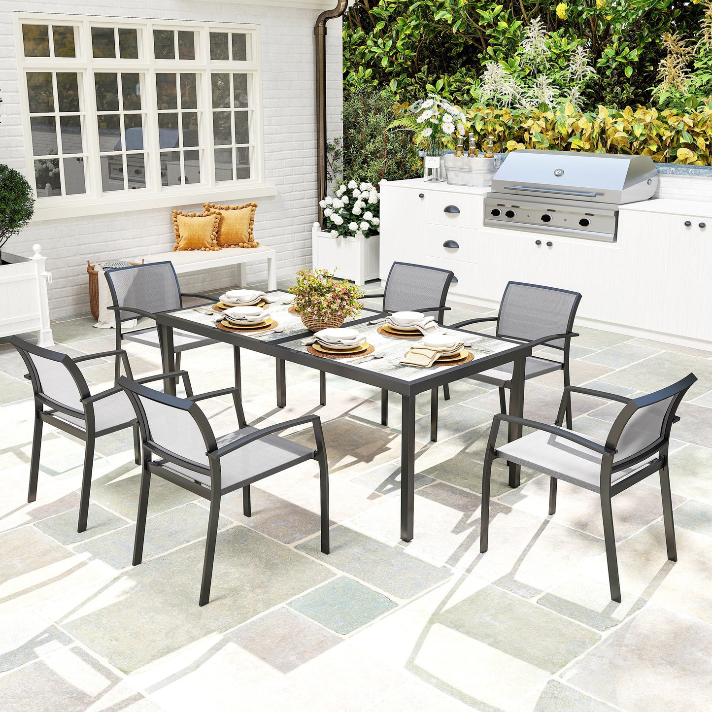 Outsunny 7-delige eetkamerset, 6 stoelen, 1 tafel, stapelbaar, gemakkelijk schoon te maken, stalen frame, tuinmeubelset, grijs