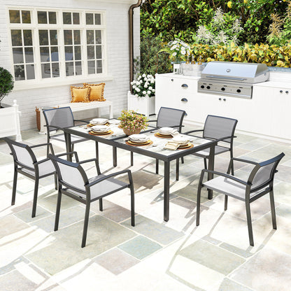 Outsunny 7-delige eetkamerset, 6 stoelen, 1 tafel, stapelbaar, gemakkelijk schoon te maken, stalen frame, tuinmeubelset, grijs