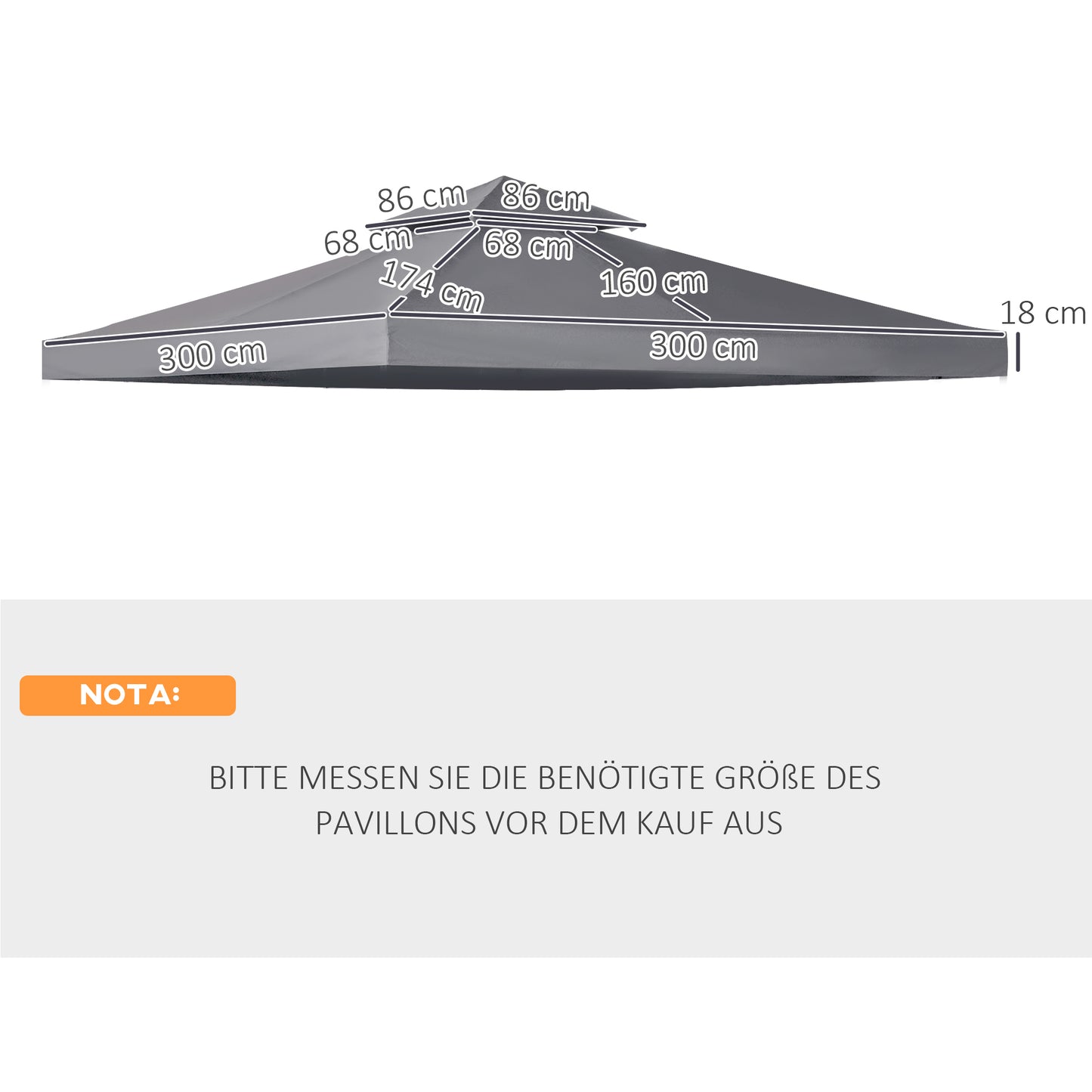 Outsunny vervangingsdak voor 3x3m prieel, waterafstotend prieeldak voor metalen prieel, vervangingsdak voor tuinprieel, partytent, tuintent, polyester, donkergrijs