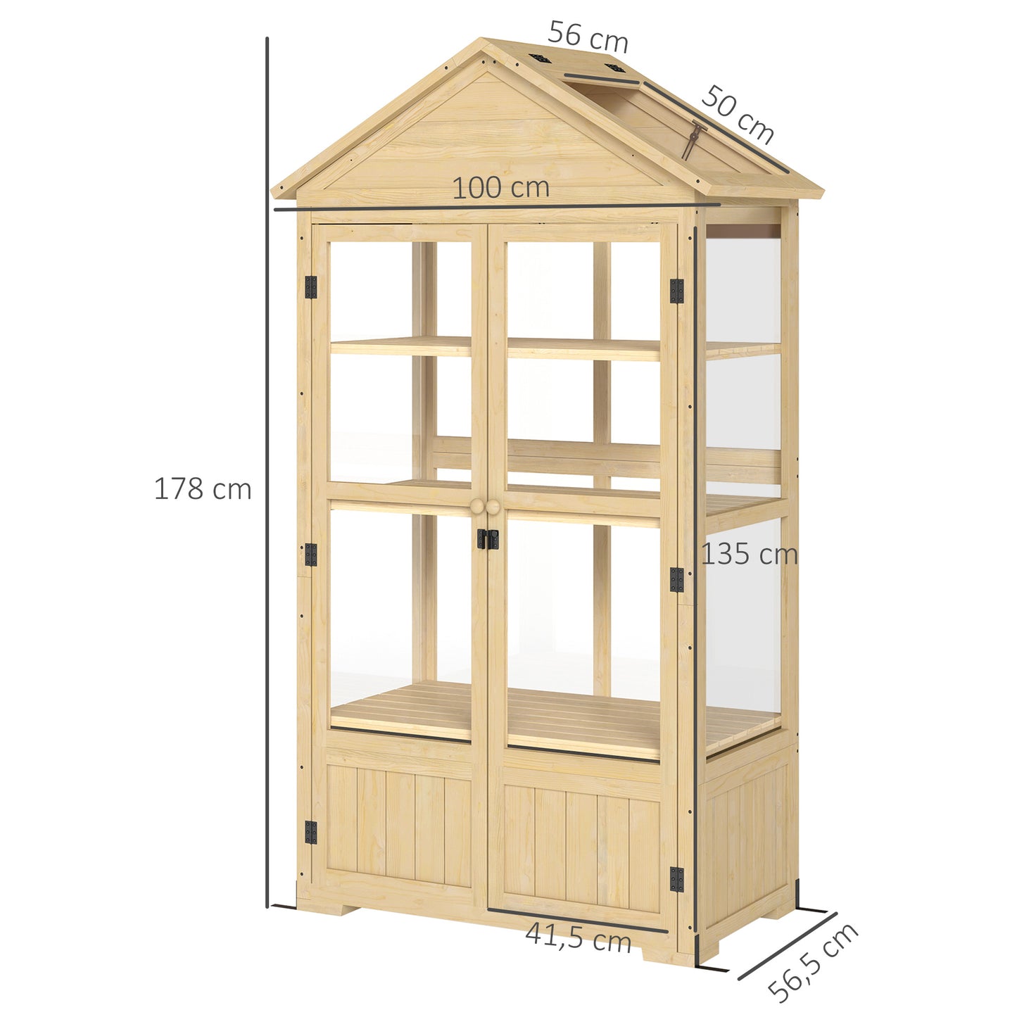 Kas van Outsunny, met plank, dakraam, afsluitbare deur, acryl, houten frame, 100 x 56,5 x 178 cm
