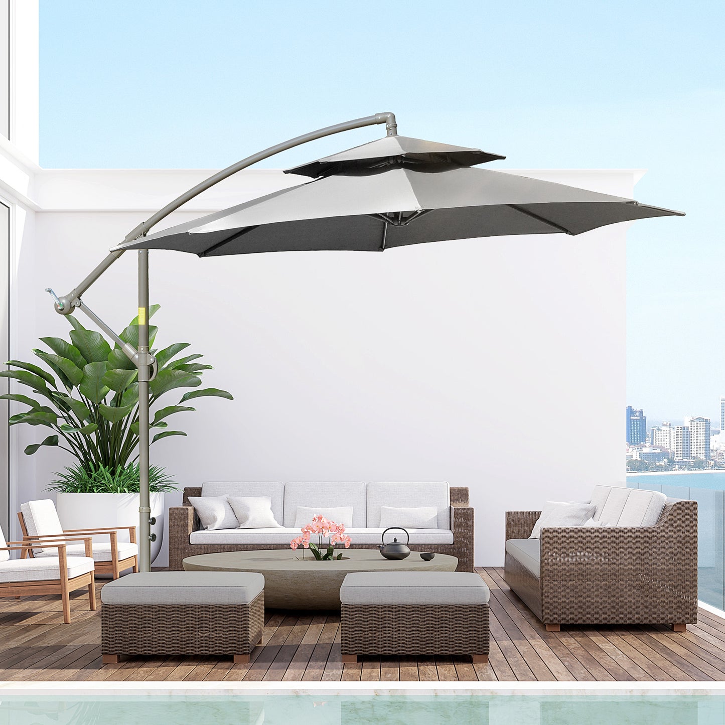 Outsunny Parasol Zwenkparasol Ø2,67 x 2,45 m Zwengelparasol met dubbele kap Kruisvoet Staal Buitenzonwering Polyester Staal Lichtgrijs