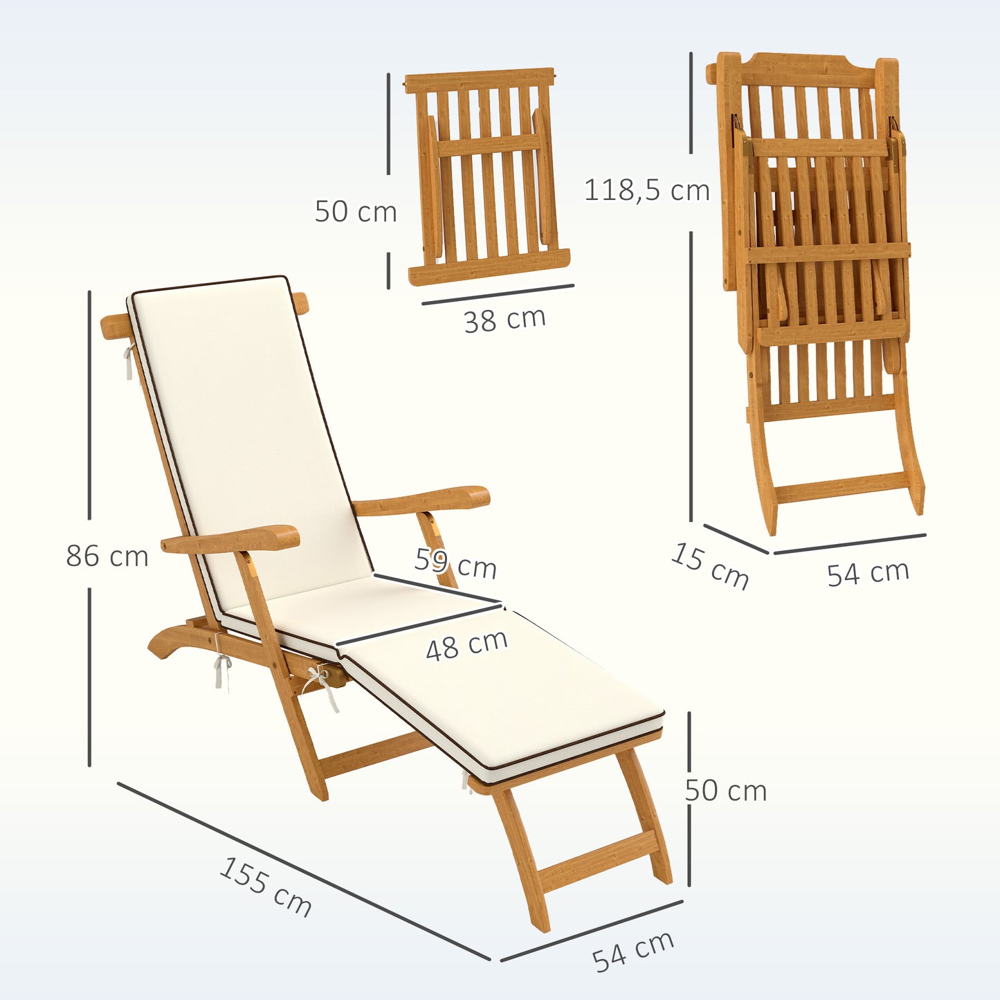 Outsunny Houten Opvouwbare Ligstoel, Tuinligstoel met Voetensteun, Matras, Ligstoel, Draagvermogen tot 160 kg, Teak