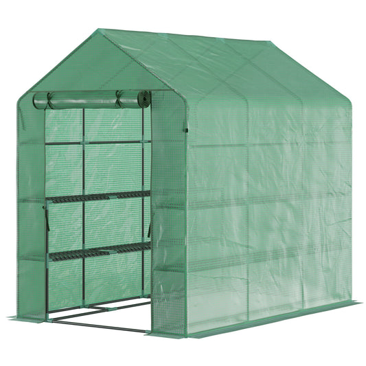 Outsunny Inloopkas met 8 planken, tomatenkas, kweekbak met deur, groen, staal en PE-kunststof, 214 x 143 x 195 cm