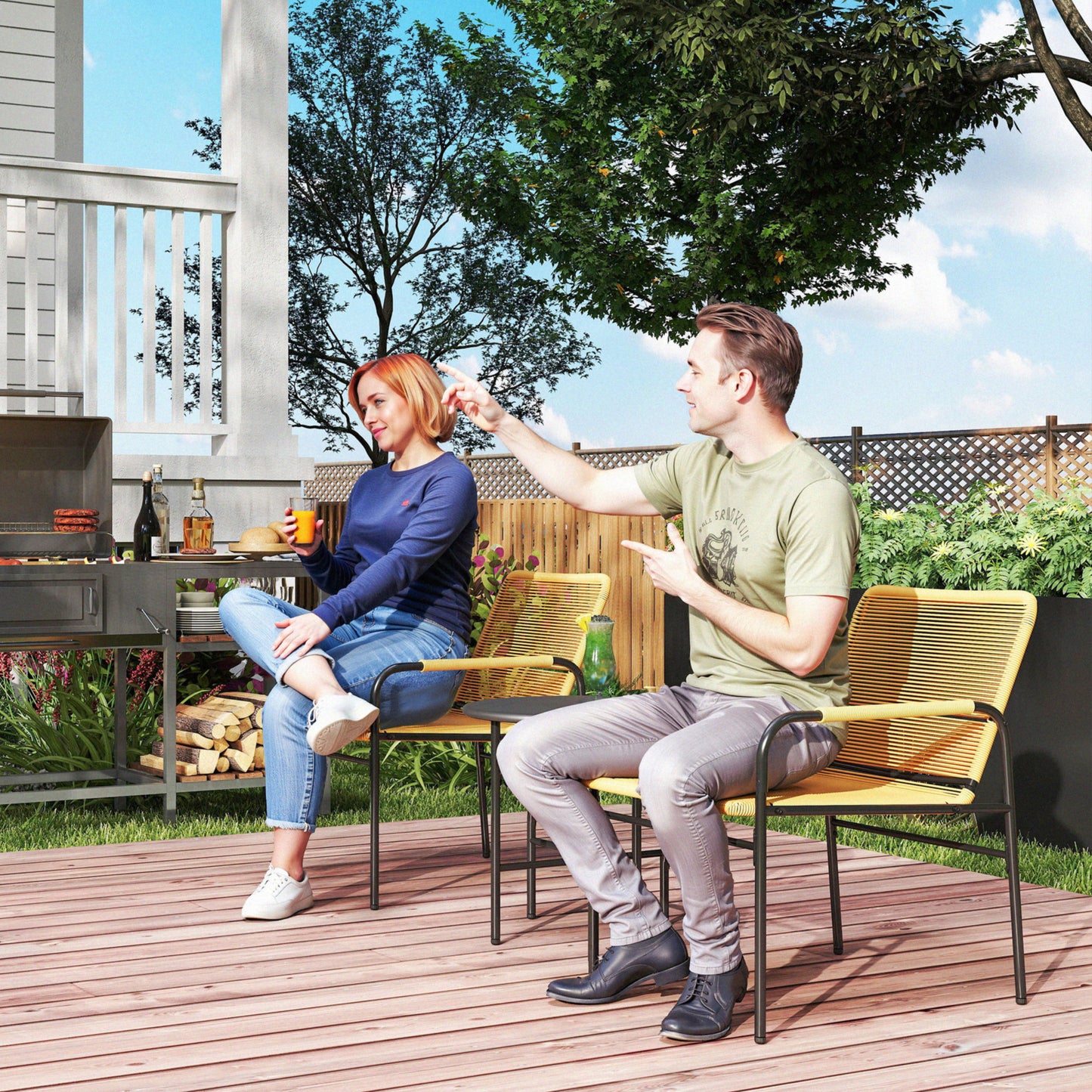 Outsunny 3-delige rotan bistroset, zitgroep, tuinmeubelset met 2 tuinstoelen, salontafel 54 x 66 x 76 cm Geel