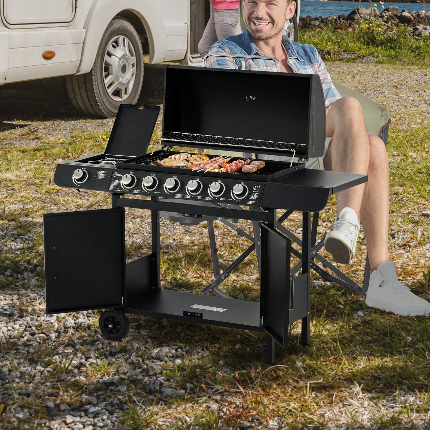 Outsunny 7-pits gasgrill, inclusief thermometer, BBQ-grill, draagbare grill, zwart