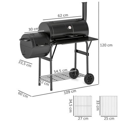 Outsunny Steel Charcoal Grill BBQ Smoker met deksel, thermometer, wielen, luchtinlaat, houtskoollade