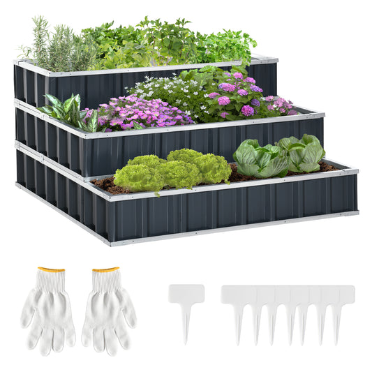 Outsunny stalen verhoogde tuinbak, 3-laags, met T-vormige plantenlabels, handschoenen, plantenbak, kruidenbak, bloementrap voor balkon, tuin, donkergrijs, 118 x 118 x 62 cm