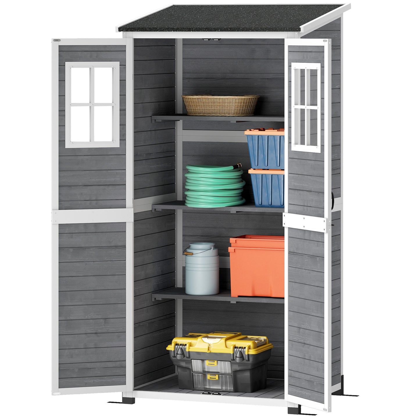 Outsunny tuinberging, gereedschapsschuur met 2 ramen, grondpennen, asfalt dak, 91 x 69 x 192 cm, dennenhout, lichtgrijs