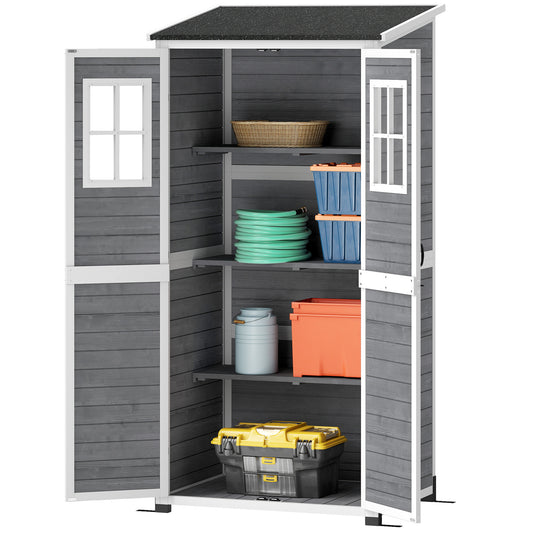 Outsunny tuinberging, gereedschapsschuur met 2 ramen, grondpennen, asfalt dak, 91 x 69 x 192 cm, dennenhout, lichtgrijs