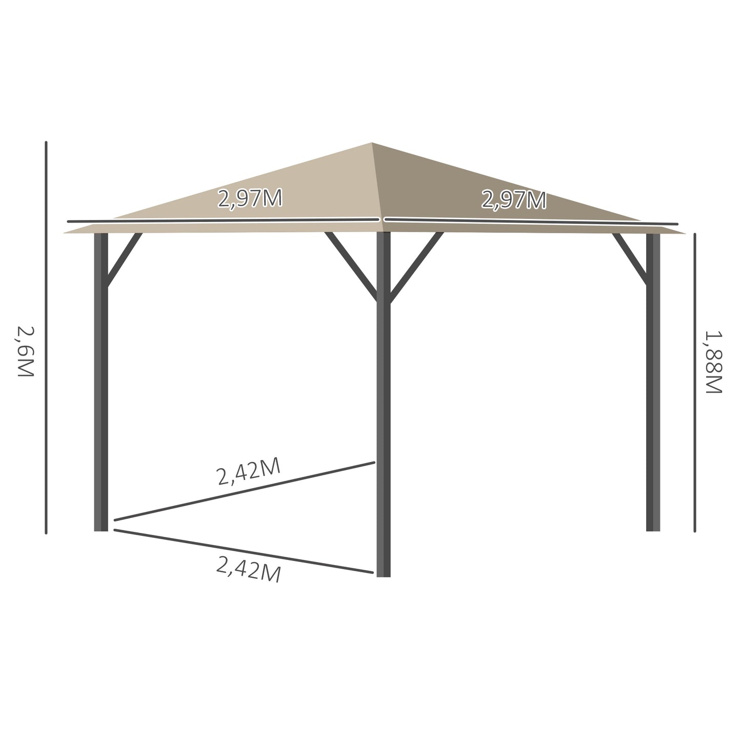 Outsunny Tuinpaviljoen 3 x 3 m Tuintentdak met ventilatiegaten Partytent met 4 zijpanelen Weerbestendig aluminium Polyester Khaki