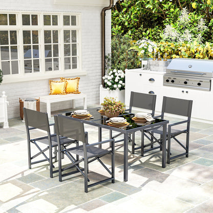 Outsunny 5-delige eetset, staal, voor 4 personen, eettafel met 4 klapstoelen, glazen tafel, grijs