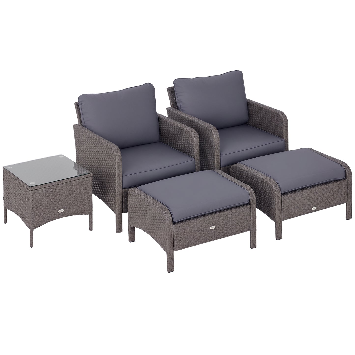 Outsunny 5-delige polyrotan tuinmeubelset, loungeset met kussens, donkergrijs, 2 x fauteuils, 1 x salontafel, 2 x krukken