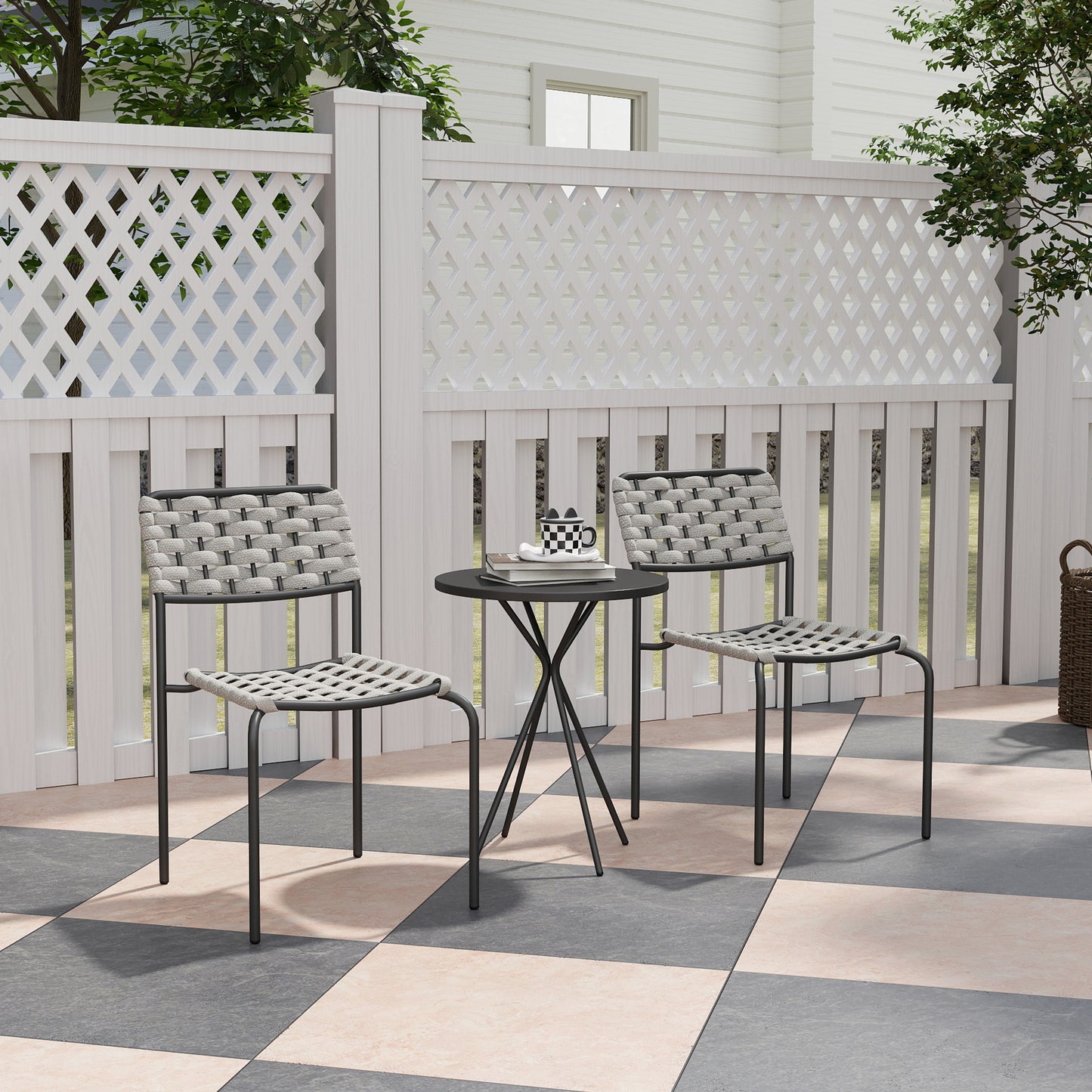 Outsunny Polyrattan Tuinmeubelset, Buitenlounge Balkonmeubel voor 2 Personen, 3-delige Set (2 Stoelen, Tafel, Grijs)