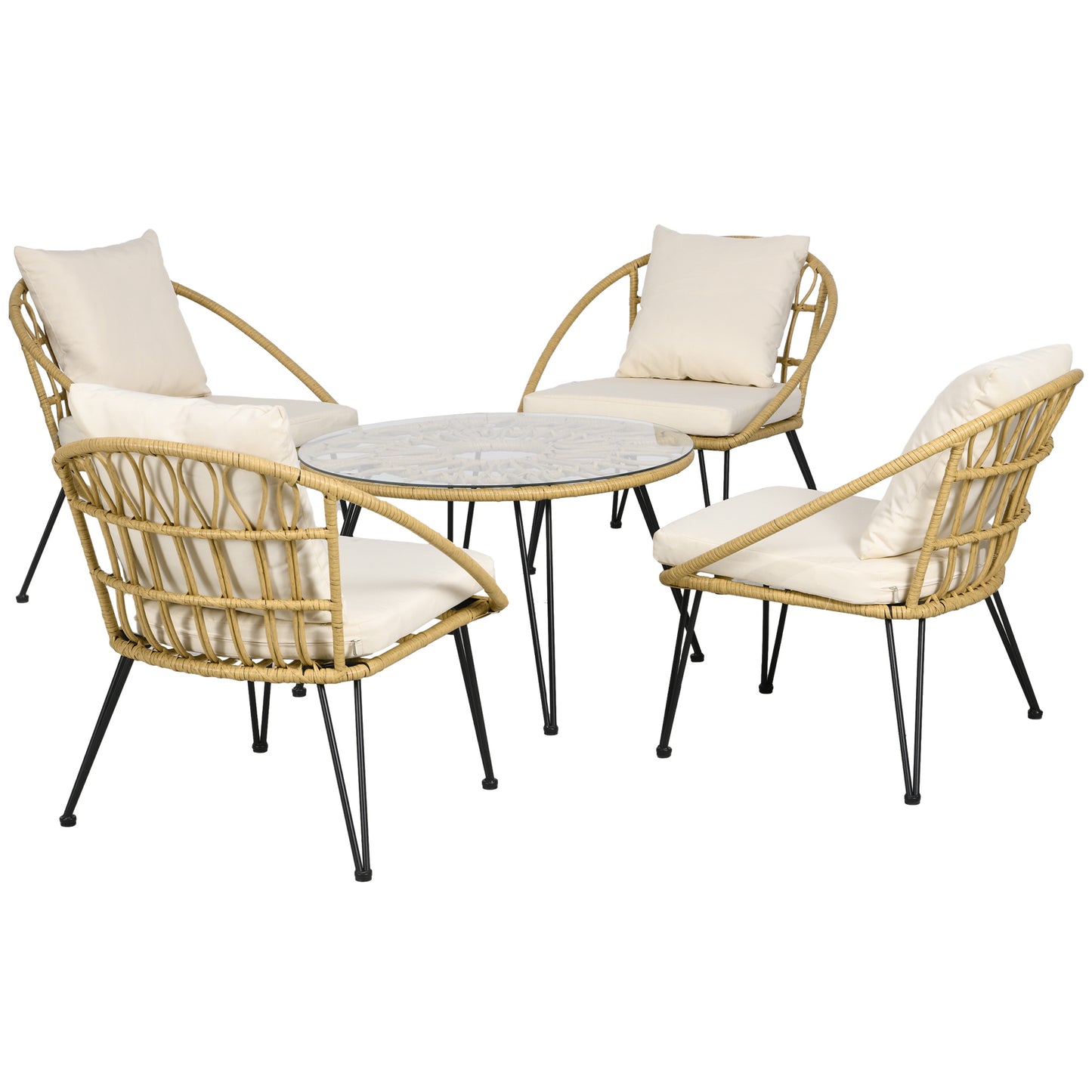 Outsunny 5-delige tuinset, boho-stijl, 1 eettafel & 4 stoelen, kussens, polyrotan, beige/naturel
