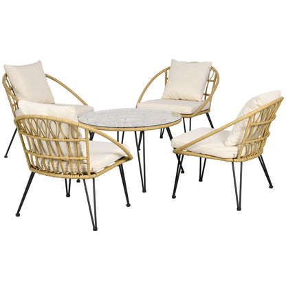 Outsunny 5-delige tuinset, boho-stijl, 1 eettafel & 4 stoelen, kussens, polyrotan, beige/naturel